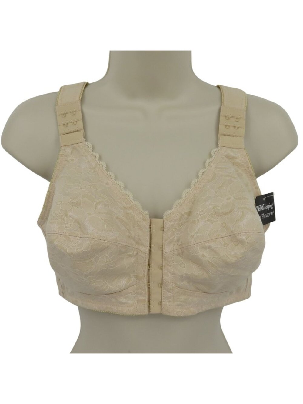 Plusform 34C 1628 Instant Shaping Front Close Bra Wireless Beige Floral Lace NEW